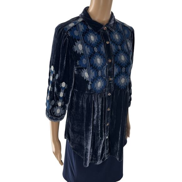Johnny Was Blue Nomi Velvet Smock Button Down Shirt - Picture 7 of 11